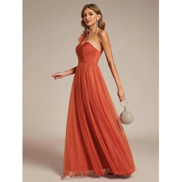 Exquisite One-shoulder Sweetheart Ruffled A-line Zipper Pleated High Slit Burnt Orange Tulle Evening Dress