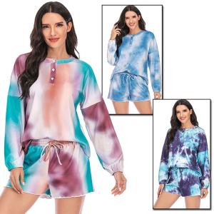 Fashion Tie Dye Pajamas Two Piece Set Sleepwear Long Sleeve And Shorts Ladies