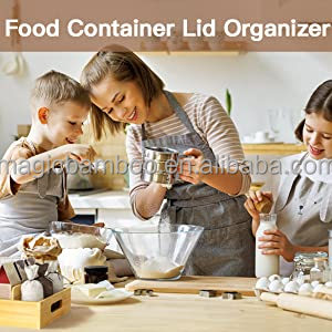 Bamboo Food Container Lid Organizer with Adjustable Dividers 30.49 x 25.41 x 6.36 CM
