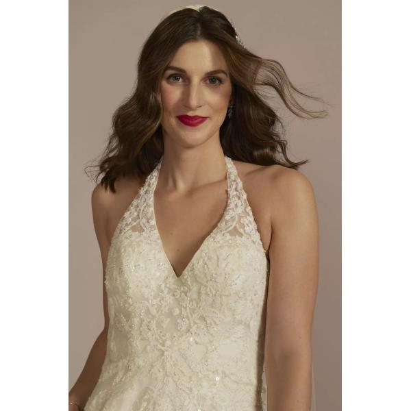 Romantic Appliques Lace Chapel Train Back Zipper V-neck Halter Beaded Ball Gown White Organza Wedding Dress