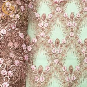 Pink 3D Flower Embroidered Lace Fabric For Wedding Dresses
