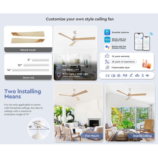 52 Inch Solid Wood Ceiling Fan – DC Motor 3 Blades 6-Speed Remote Control