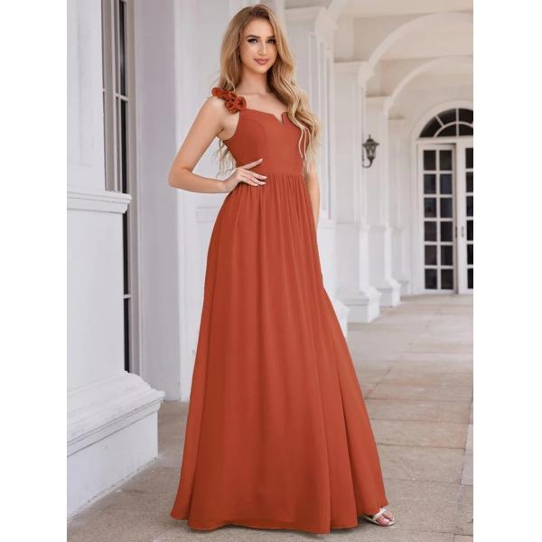 Elegant V-neck Floral Strap Empire A-line Waist Burnt Orange Chiffon Bridesmaid Dress