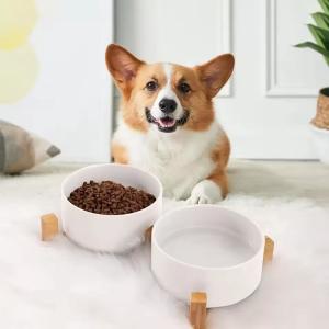 Wood Stand Non-Slip Matte Glaze Weighted Food Water Set for Cats &Small Dogs