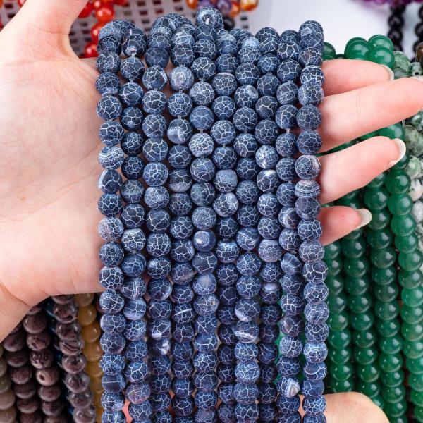 Dark Blue Weathered Agate Loose Bead Strands Semi Precious Stone Matt Frosted Cracked Agate for DIY Jewelry Making