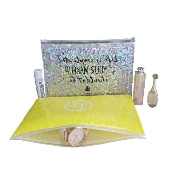 Reusable Metallic Matte Glossy Holographic Zip lockk Bags, Reclosable Cosmetic Packing Bubble Pouch Slider Zipper