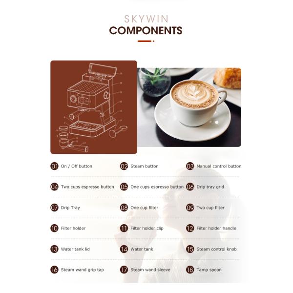 CM-1688 Espresso Coffee Maker 1.6L SS 15 Bar Pump Pressure