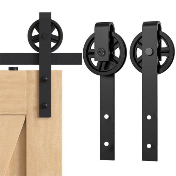 6.6FT Single Wood Sliding Barn Door Hardware Basic Black Big Spoke Wheel Roller Kit