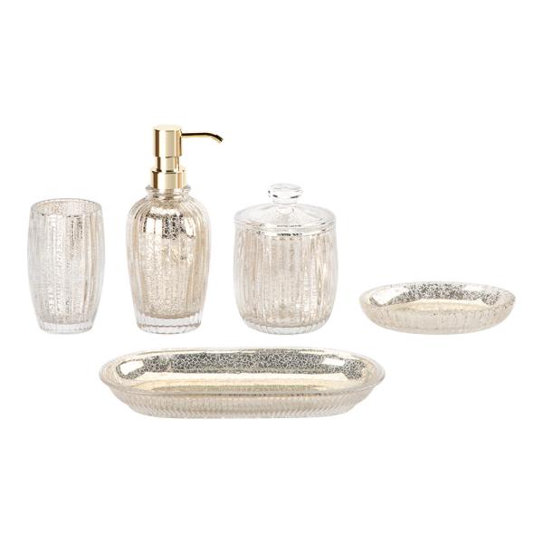 Buy Mercury Gold Glass Bathroom Accessories Set Round Shape With Ribbed Vertical Stripe Glass Soap Dispenser Glass Toothbrush Holder Soap Dish Holder at wholesale prices