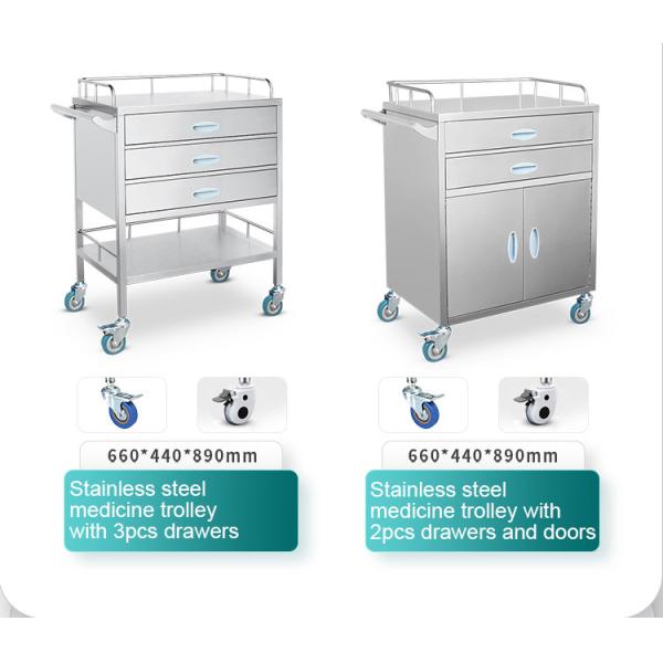 Hospital 2 Drawers And 1 Cabinet Stainless Steel Medical Medicine Trolley