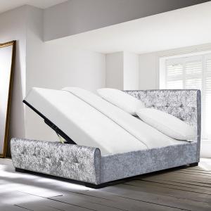 OEM ODM Open Storage Bed Tufted Crystal Buttons Silver Crush Velvet Side