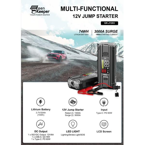 LCD Screen Function UltraSafe 12V 24V 3000A Battery Booster Pack For Car Jump Starter