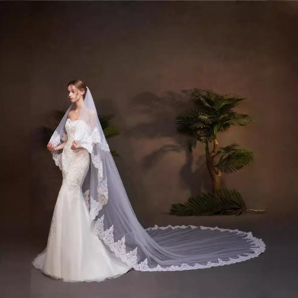 New Styles Customized Two Layers Appliqued Lace 3.5m*3m Cathedral Tulle Bridal Wedding White Veil With Hair Comb