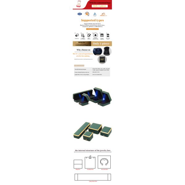 Square Green LED Jewelry Box for Luxury Packaging of Necklaces and Rings Customizable