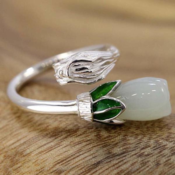 Adjustable Retro Enamel 925 Sterling Silver Natural Hetian Jade Ring (R1706191)