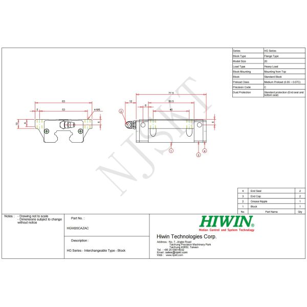 HIWIN HGW20CC Linear Guideway 20mm Heavy Linear Guide Rail 3000mm
