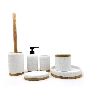Wooden Base Polyresin Bathroom Accessories Sets With Fabric Look