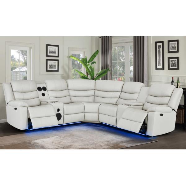 Buy Power Recliner Corner Sofa with 2 Power Recliner Seats and Storage Box and Bluetooth Audio Speaker and LED Light, Beige Breathable Leatherette at wholesale prices