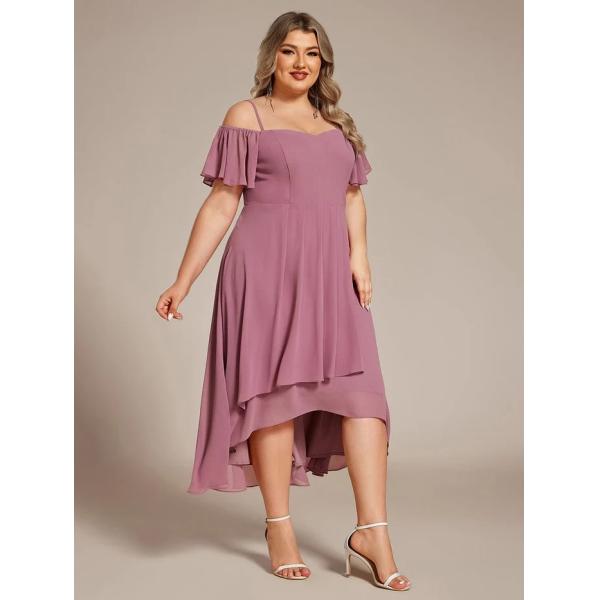 Empire Off-shoulder Spaghetti Strap Zipper High-low Wedding Guest Dresses Short Sleeves Burgundy Chiffon Evening Dress