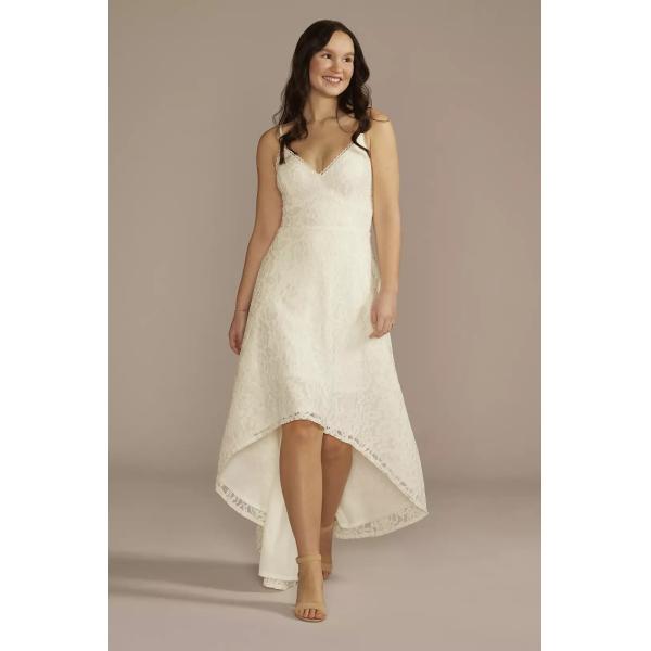 Ideal High-low Custom-made Size A-line Spaghetti Strap Zipper V-neck Empire Ivory Beach Lace Wedding Dress