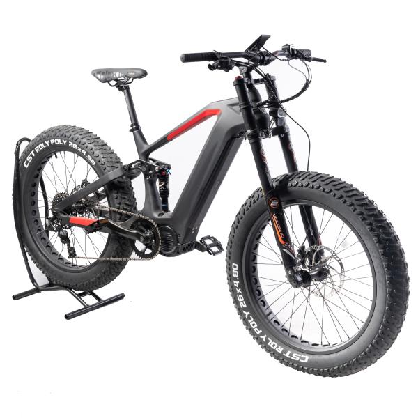 26" Electric Mountain Bike with Powerful Mid Drive and Full Suspension Carbon Fiber Frame