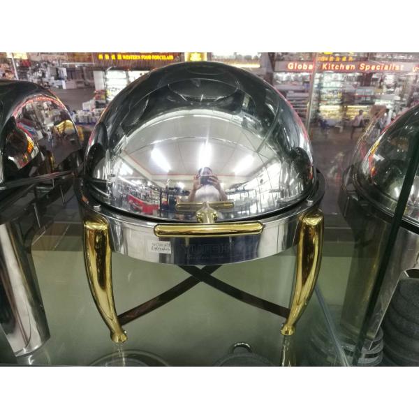 Buy Durable Stainless Steel Cookwares , Round Roll Top Chafing Dish Stand with Golden Plated Hollow Steel Legs at wholesale prices