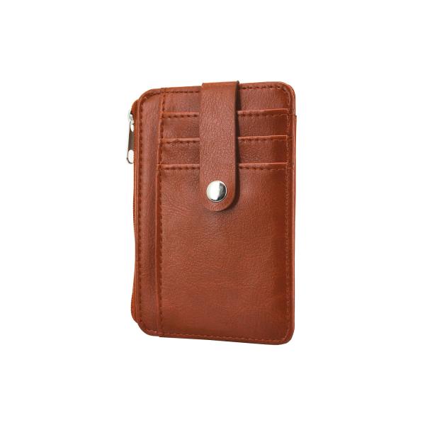 Women Brown Leather Business Card Holder Debossed Logo With Zip Pocket