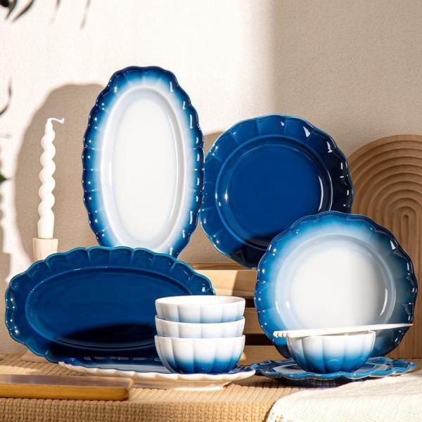 2024 Floral Ceramic Dining Plate Set Tableware Porcelain Blue Stoneware