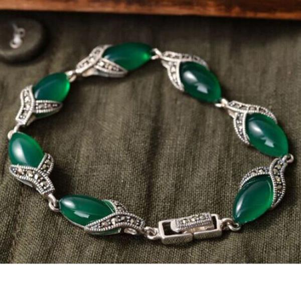 925 Silver Thailand Vintage Green Agate Women Bracelet (LB001)