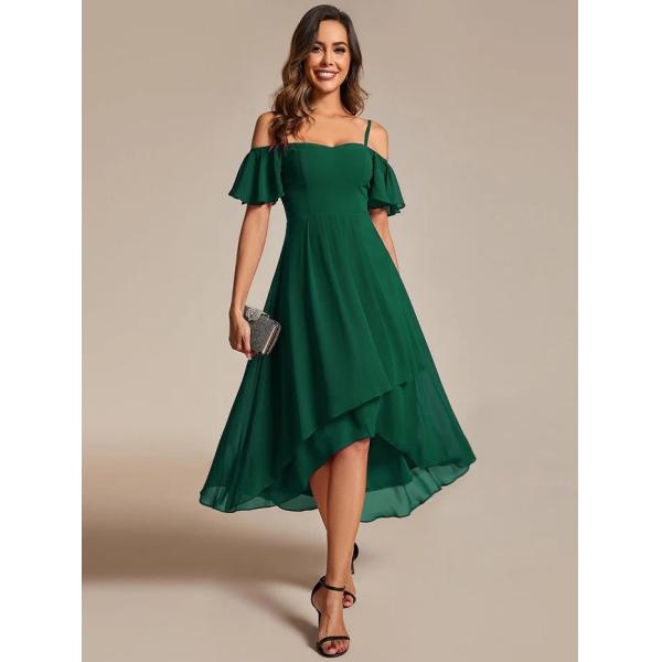 Empire Off-shoulder Spaghetti Strap Zipper High-low Wedding Guest Short Sleeves Dark Green Chiffon Homecoming Dress