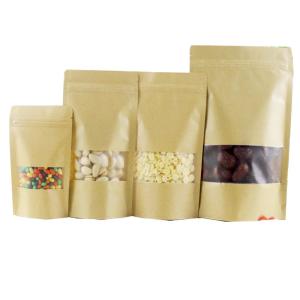 Custom Biodegradable Brown Stand Up Pouches With Zipper And Window For Food