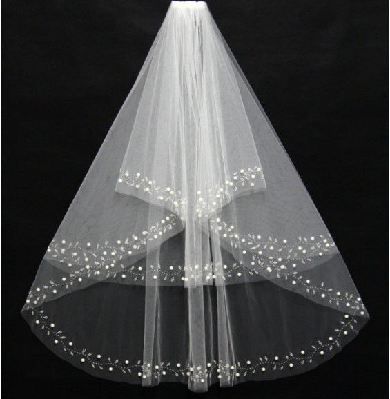 2018 New European and American double wedding, wedding, face veil, hand-stitched pearls, bridal veil