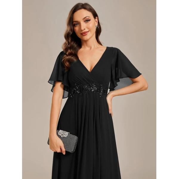 Sexy Empire Applique A-line Short Flutter Sleeves V-neck Invisible Zipper Black Chiffon Party Dress