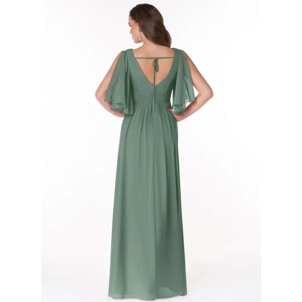 Elegant Wholesale Ruched Chiffon Long Bridesmaid Dress Short Cap Sleeves V-Neck Ruched Front Split Slit Floor-Length