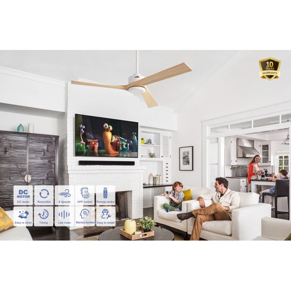 52 Inch Solid Wood Ceiling Fan – DC Motor 3 Blades 6-Speed Remote Control