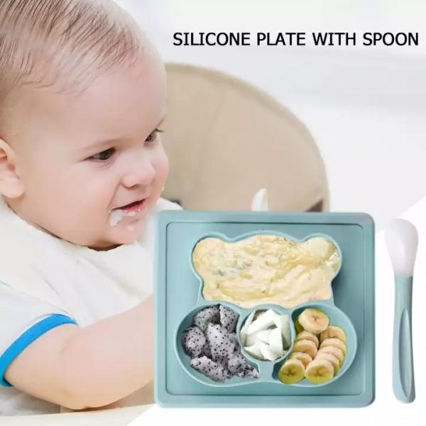 Silicone Customized Bear Shape Baby Feeding Suction Bowl And Plate With Spoon