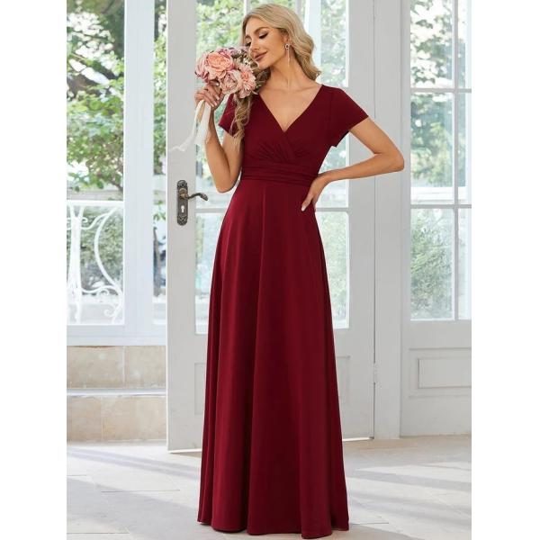 Sexy Custom Size V-neck Simple Pleated Empire Waist A-line Short Sleeve Burgundy Satin Bridesmaid Dress