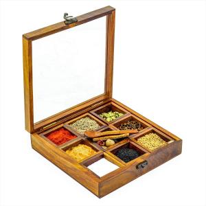 8" Wooden Handcrafted Multi-Compartment Square Storage Box | Kitchen Ware Jar