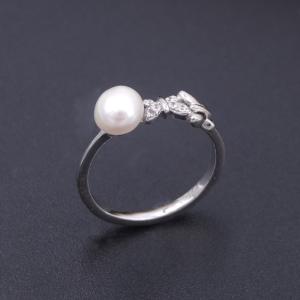 Personalized Silver Pearl Ring With Double Zircon Stars / Round White Pearl