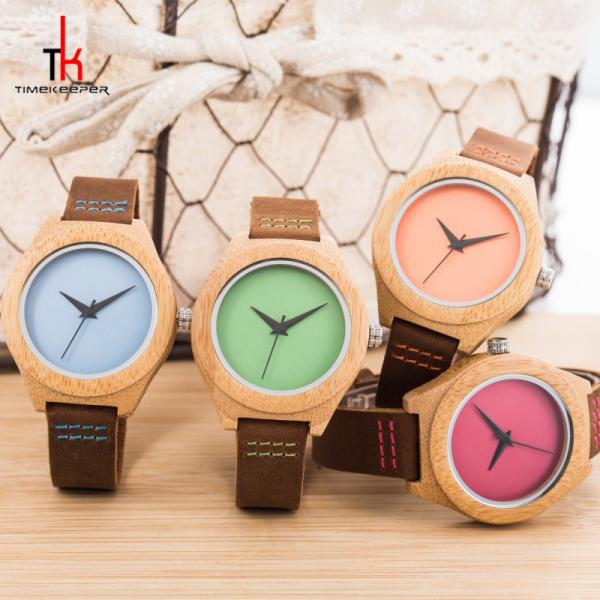 Oem Bamboo Case Quartz Lover Couple Watch With Green Red Blue Face