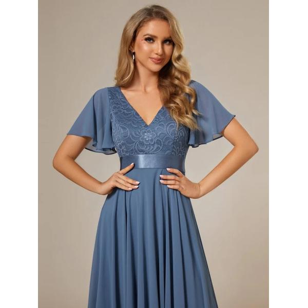 Asymmetrical Hem V-neck Empire Waist A-line Short Sleeves Knee-length Dusty Navy Lace Chiffon Bridesmaid Dress