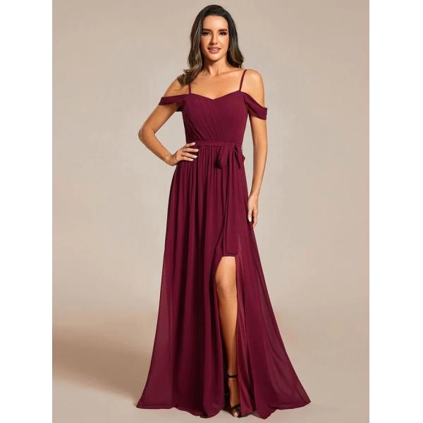 Plus Size A-line Ruffled V-neck Spaghetti Strap High Slit Burgundy Chiffon Party Dress