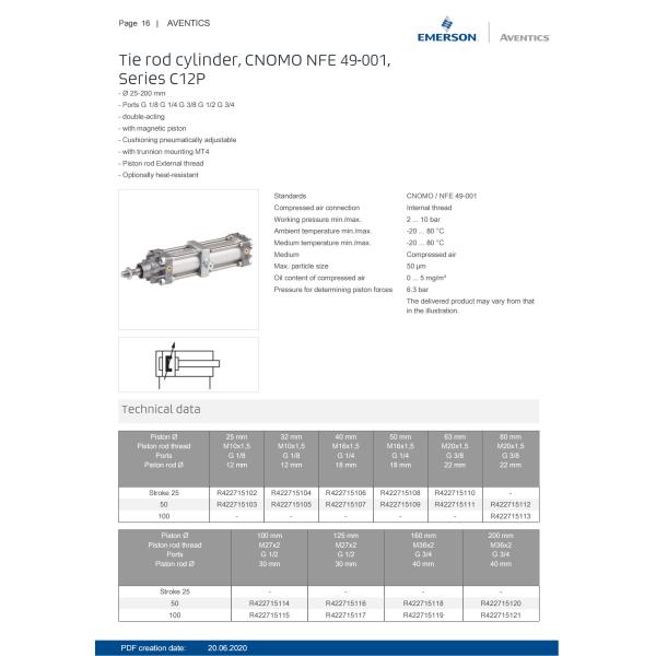 AVENTICS Series Tie Rod Cylinder C12P – R422715102 Double Acting With Magnetic Piston
