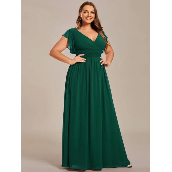Empire Plus Size V-neck Open Back Ruffled A-line Cap Sleeves Dark Green Chiffon Bridesmaid Dress