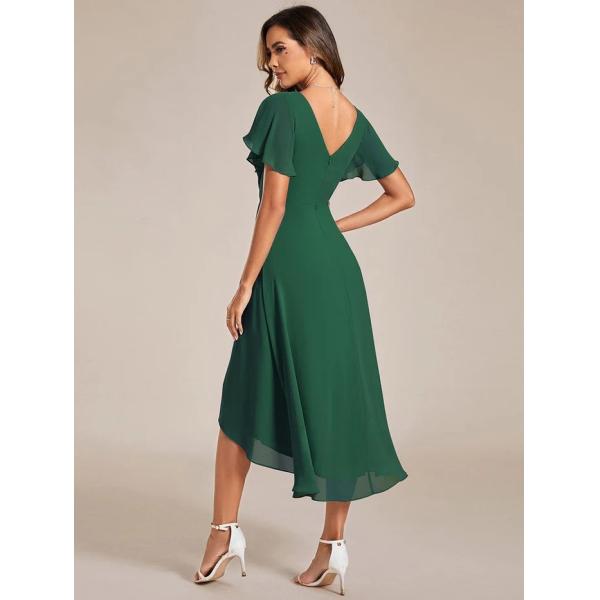 Chic V-neck High-low Short Flutter Sleeves A-line Ruffles Midi Invisible Zipper Dark Green Chiffon Homecoming Dress