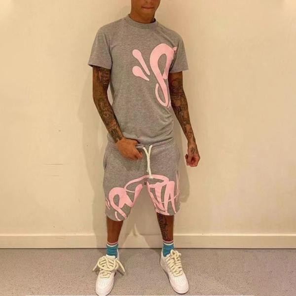 Custom Logo Applique Embroidery Patches High Street Print Tees T Shirt Trendy Short Sleeve Cotton Tracksuit Short Sets for Men