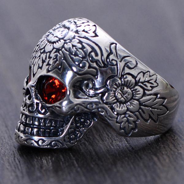 Men Retro Jewelry Heavy Sterling Silver Skull Ring with Red Cubic Zircon (043352)