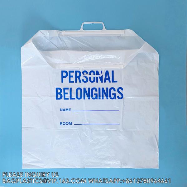 Hard handle Patient Belonging Bag, 1.4 mil Thick, 20" W x 20" Large, 4" Gusset, Clear Bag with Blue Print