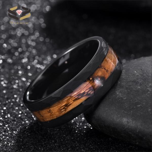 Men'S Black Tungsten Wedding Band Ring 8mm With Hammer Finish And Whiskey Barrel Wood Inlay