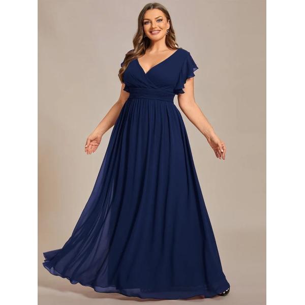 Empire Plus Size V-neck Open Back Ruffled A-line Cap Sleeves Dusty Navy Chiffon Evening Dress
